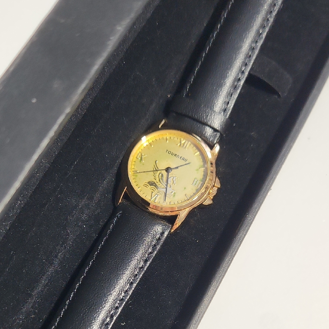 GoldTone Tourneau Pegasus Limited Edition Watch With A Black Leather Band  Box